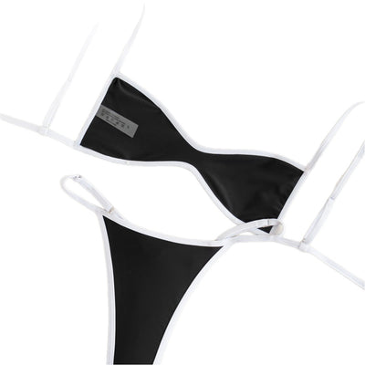 Black and white strapless bikini swimsuit set with adjustable straps and a ruched bottom, laid flat. - Image 5