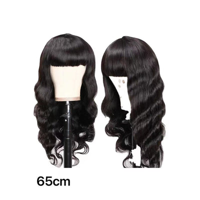 Peluca Larga Ondas Grandes con Flequillo Aireado - Cabello Rizado Negro Fibra Sintética - Image 10