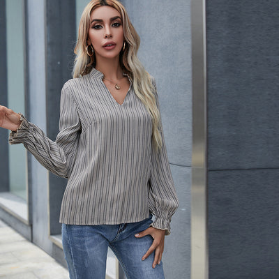 Blusa Rayada de Cuello V Suelta para Mujer - Diseño Original de Manga Larga - Image 5