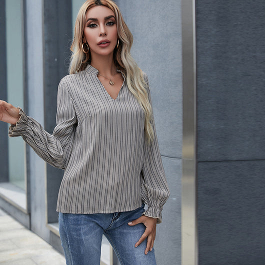 Blusa Rayada de Cuello V Suelta para Mujer - Diseño Original de Manga Larga - Image 5