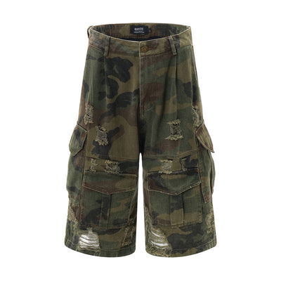 Shorts Punk Holgados con Múltiples Bolsillos y Detalles Rotos