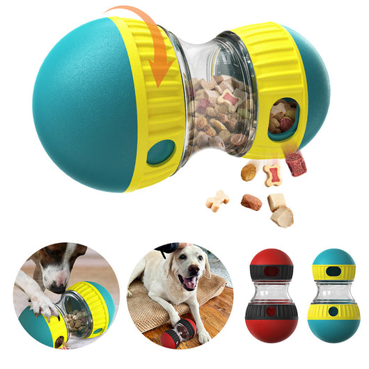 Teal and yellow food dispensing dog toy with a clear middle section and treat holes, designed for slow feeding. - Image 4