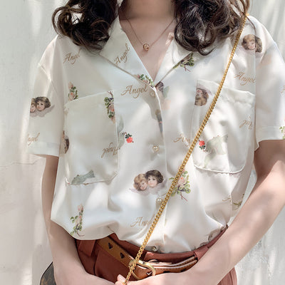 Blusa Retro Escote V Manga Corta en Gasa - Image 8