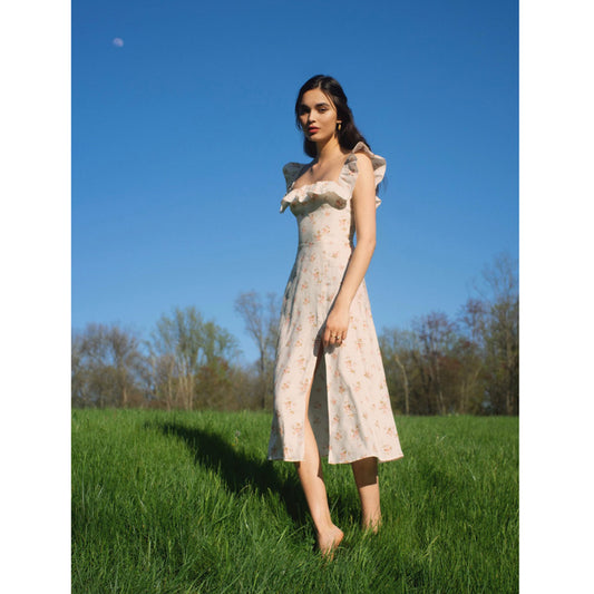 Vestido Lino Floral sin Mangas con Cintura Reductora