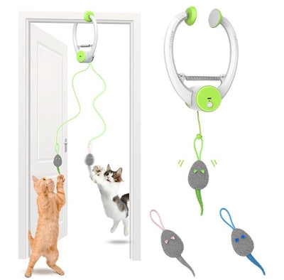 Automatic interactive cat toy with a white and blue door hanger, retractable string, and grey mouse lure. - Image 7