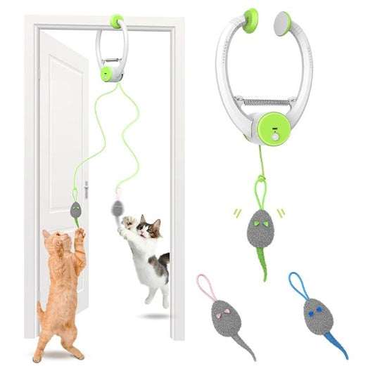 Automatic interactive cat toy with a white and blue door hanger, retractable string, and grey mouse lure. - Image 7