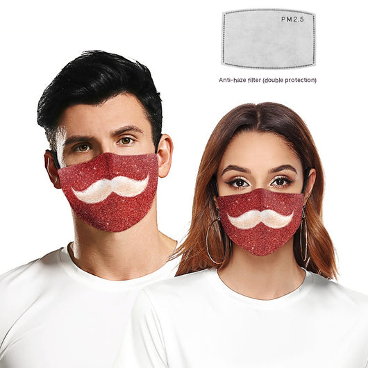 Red glitter protective face mask with a white mustache graphic and black ear loops, perfect for Christmas. - Image 2