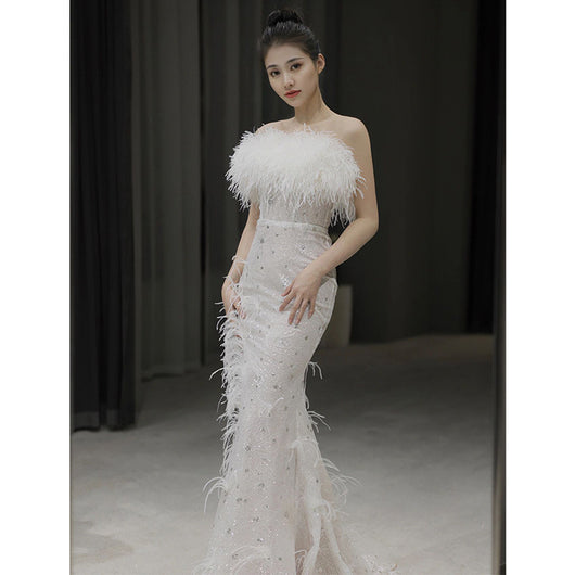 Vestido Fiesta Elegante sin Mangas con Plumas - Image 7
