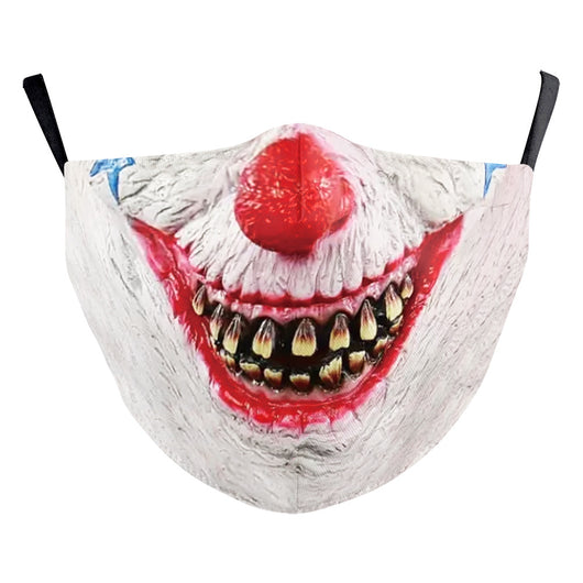 Halloween funny horror face dust mask with a scary clown print, red nose, wide red lips, and yellowed teeth. - Image 14