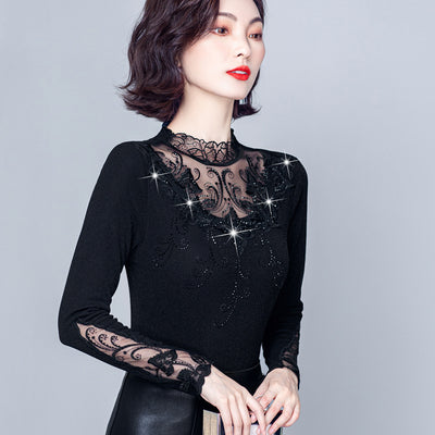 Blusa Cuello Alto con Encaje y Strass - Ajuste Slim para Otoño e Invierno