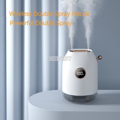 Dark green double nozzle humidifier with rose gold accents, digital display showing 100%, emitting mist. - Image 4