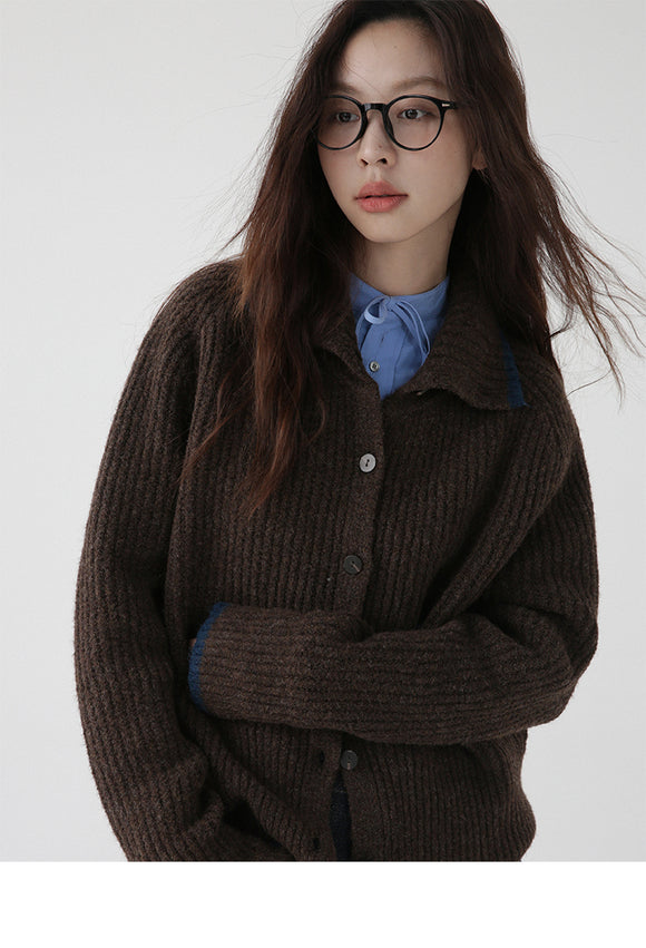 Cardigan de Lana Tejida con Cuello Bicolor - Abrigo de Botón Simple