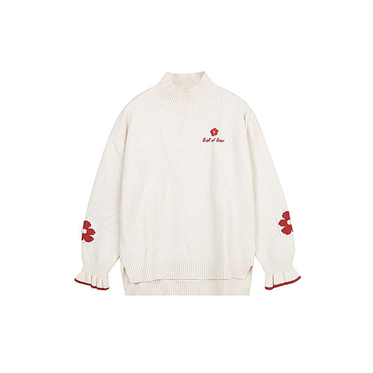 Suéter con Cuello Alto y Bordado Floral Ajustado