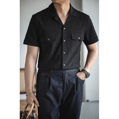 Camisa Retro Seersucker de Color Sólido con Cuello Cubano Británico - Image 4