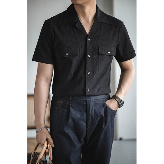 Camisa Retro Seersucker de Color Sólido con Cuello Cubano Británico - Image 4
