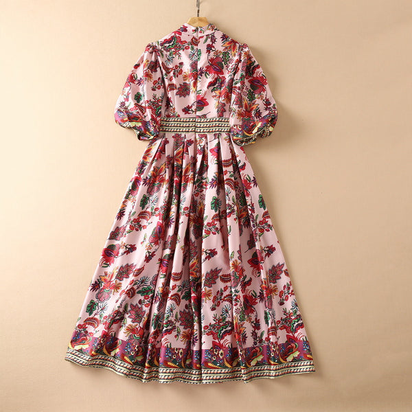 Vestido Estampado con Cuello Alzado y Mangas Abullonadas