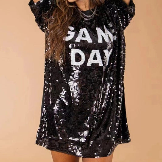 Blusa Suelta Lentejuelas Manga Corta Talla Grande para Mujer