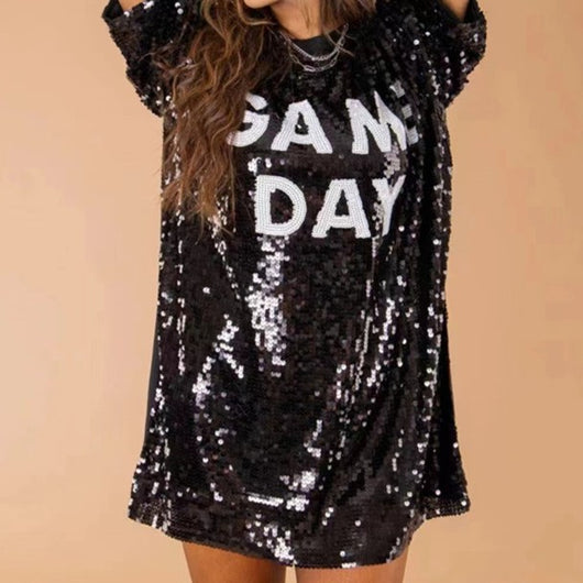 Blusa Suelta Lentejuelas Manga Corta Talla Grande para Mujer