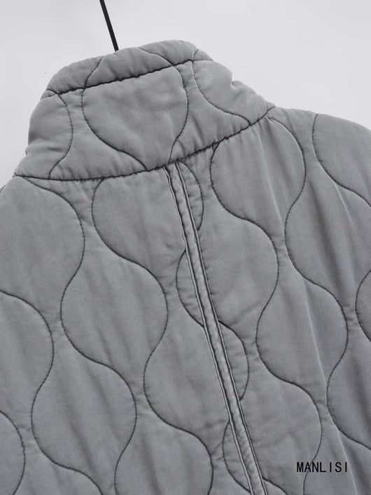 Chaleco Casual de Algodón Gris para Mujer con Cuello de Pie - Image 3