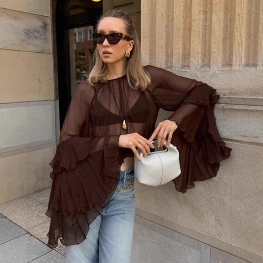 Blusa Semitransparente Suelta Marrón para Mujer - Image 2