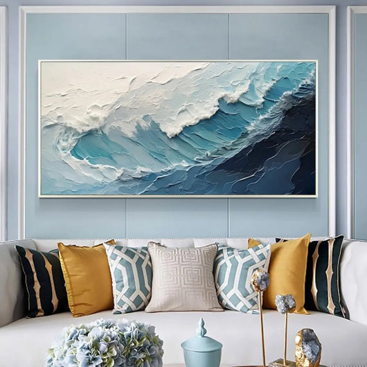 Cuadro Óleo Abstracto Grandes Dimensiones Olas Océano Azul y Blanco Texturizado para Sala