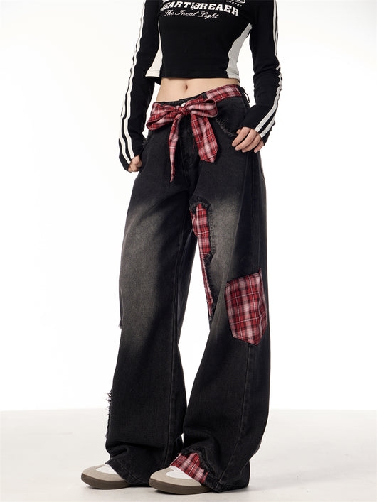 Pantalones Jeans Rectos Anchos para Mujer con Cuadros y Moño - Image 7