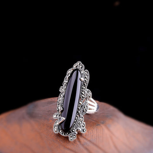 Anillo de Plata Tailandesa para Mujer con Ágata Negra