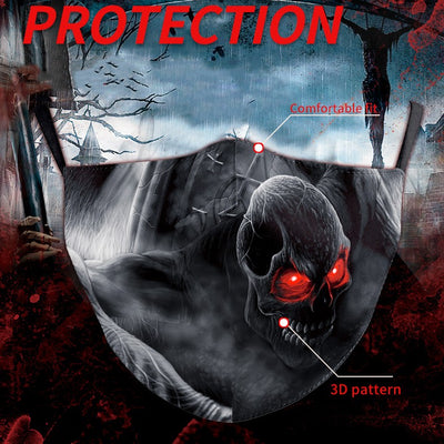 Black double-layer face mask with a repeating pattern of glowing white jack-o'-lantern faces and ear hooks.