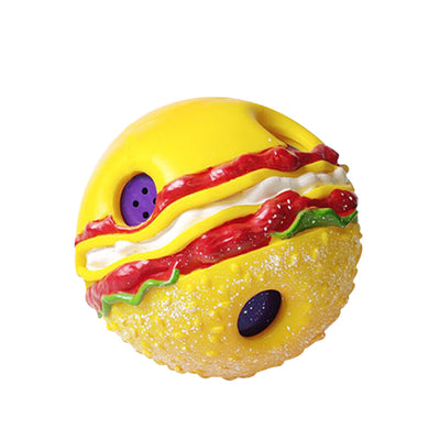 Yellow hamburger-shaped dog sound toy pet ball with red, white, and green details, featuring textured surfaces and purple sound components. - Image 10