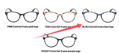 Four pairs of anti-blue light reading glasses with colorful full-rim frames in pink, tea, blue, and violet patterns. - Image 3