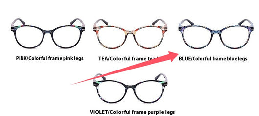 Four pairs of anti-blue light reading glasses with colorful full-rim frames in pink, tea, blue, and violet patterns. - Image 3