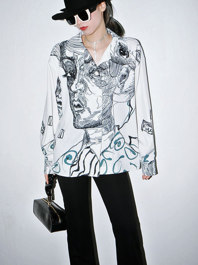 Blusa Suelta de Gasa con Estampado Facial para Mujer - Image 9