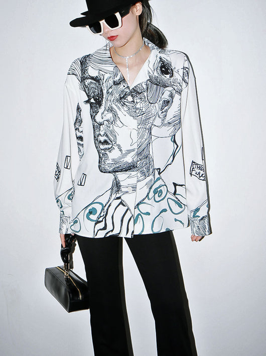 Blusa Suelta de Gasa con Estampado Facial para Mujer - Image 9