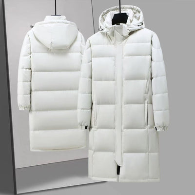 Black mid-length hooded down jacket with a quilted design, hanging on a metal rack in a store. - Image 6