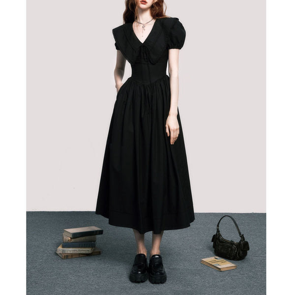 Vestido Negro Elegante con Cuello V y Mangas Abullonadas Estilo Francés - Image 6