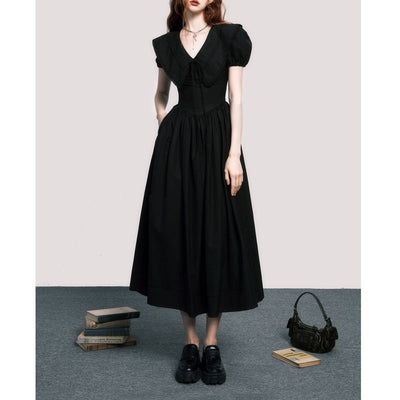 Vestido Negro Elegante con Cuello V y Mangas Abullonadas Estilo Francés - Image 6