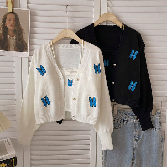 Chaleco de Punto con Bordado de Mariposa y Cardigan Manga Larga - Conjunto de Dos Piezas