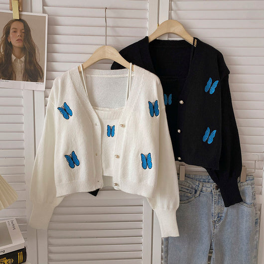 Chaleco de Punto con Bordado de Mariposa y Cardigan Manga Larga - Conjunto de Dos Piezas