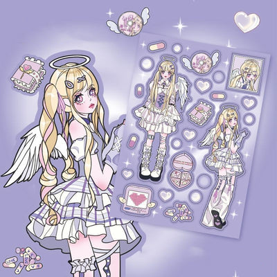 Sheet of self-adhesive stickers featuring an anime angel girl in various poses, hearts, pills, and a winged CD. - Image 10