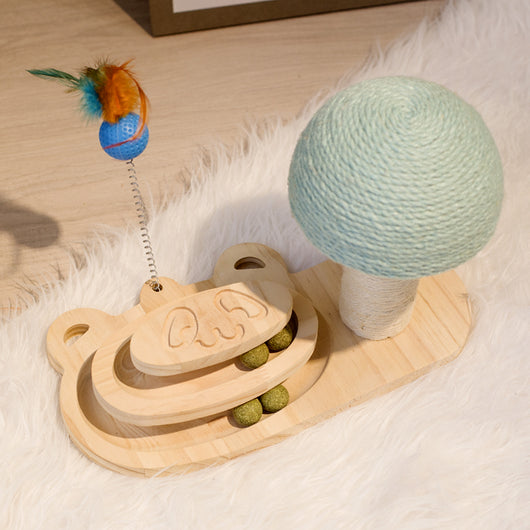 White cat playing with a wooden multi-level track toy featuring a spring-mounted yellow feather ball and a green catnip ball. - Image 20
