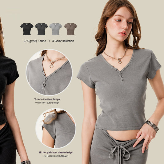 Blusa Retro Americana Slim Fit Cuello V Manga Corta