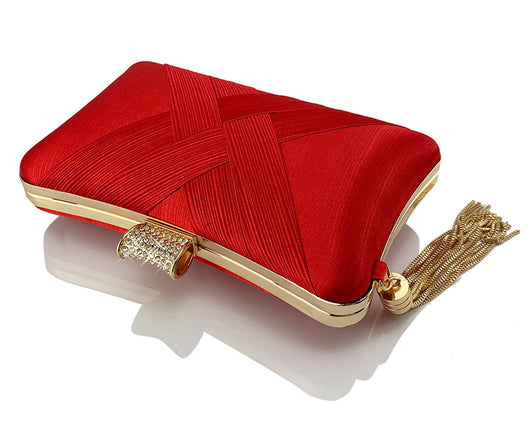 Bolso de Noche Elegante con Cierre Diamante Trenzado y Flecos Metálicos - Image 9