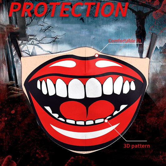 Beige Halloween face mask with a wide-open mouth print featuring red lips, white teeth, and a pink tongue.