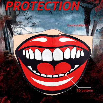 Beige Halloween face mask with a wide-open mouth print featuring red lips, white teeth, and a pink tongue.