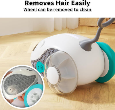 Interactive cat toy with white robotic base, orange wheels, and feather attachment, controlled by a remote, with a cat looking on. - Image 8