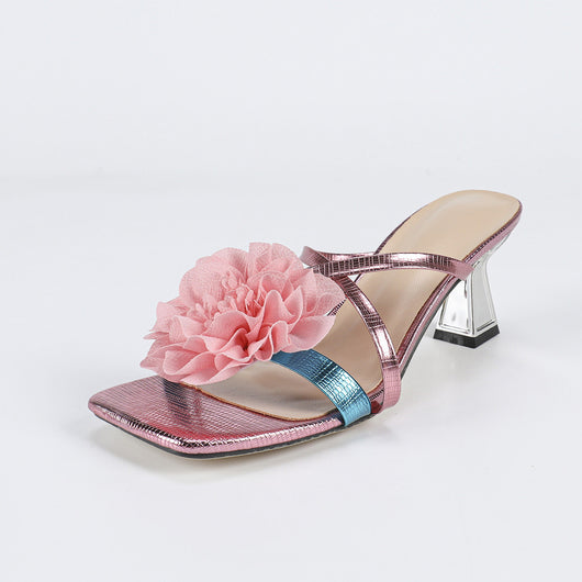 Sandalias de Tacón Alto con Punta Cuadrada y Flores 3D - Image 5