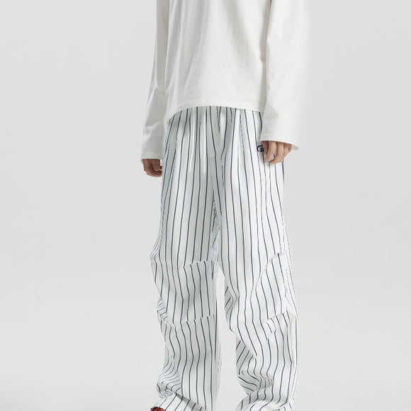 Calça Casual Listrada Estilo Retrô Americano, Reta e Perna Larga