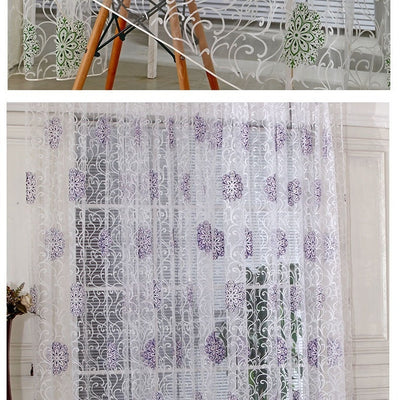 Sheer white European-style floral curtain with brown and gold patterns, hung on a gold rod in a bedroom. - Image 4