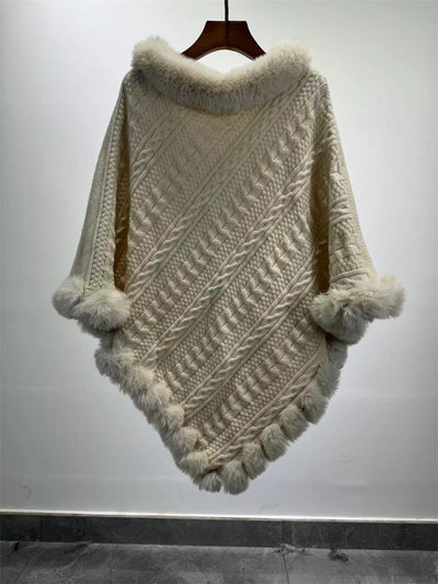 Poncho Tipo Capa de Punto Grueso con Cuello de Pelaje - Image 39