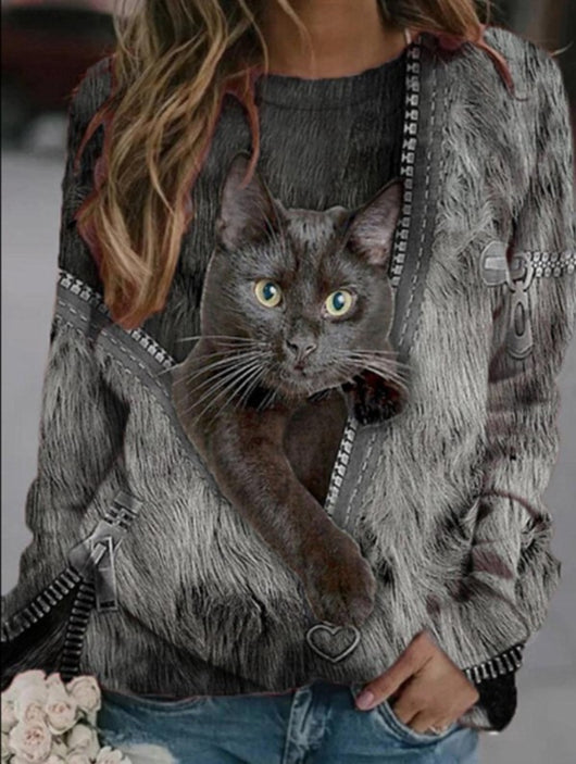 Gray long-sleeve t-shirt with a cartoon black cat peeking out of a printed zipper design, worn by a woman. - Image 8